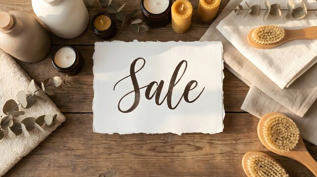 Black friday sale sign surrounded by spa and wellness items on rustic wooden table background. Promotional discount banner for relaxation products and natural cosmetics shopping event.