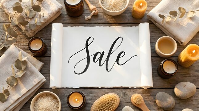 Black Friday sale banner with handwritten typography on paper scroll surrounded by spa relaxation items, lit candles, bath salt, towels and massage brushes on dark wooden background.