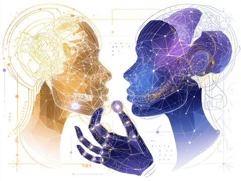 Artwork showcasing three anthropomorphic figures in a triadic arrangement, each with distinct human-like features and vibrant colors orange, blue, purple Each figure has golden lines - AI-Generated