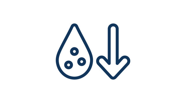 Dark blue water drop outline symbol paired next to a downward pointing direction arrow showing liquid decrease concept inside modern minimalist vector graphic illustration