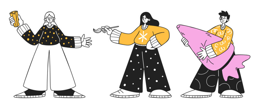 Friends Holding Objects Cartoon