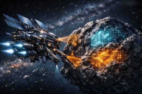 Cinematic wide angle view of a futuristic space mining operation with automated robotic extraction vessel harvesting a resource rich asteroid