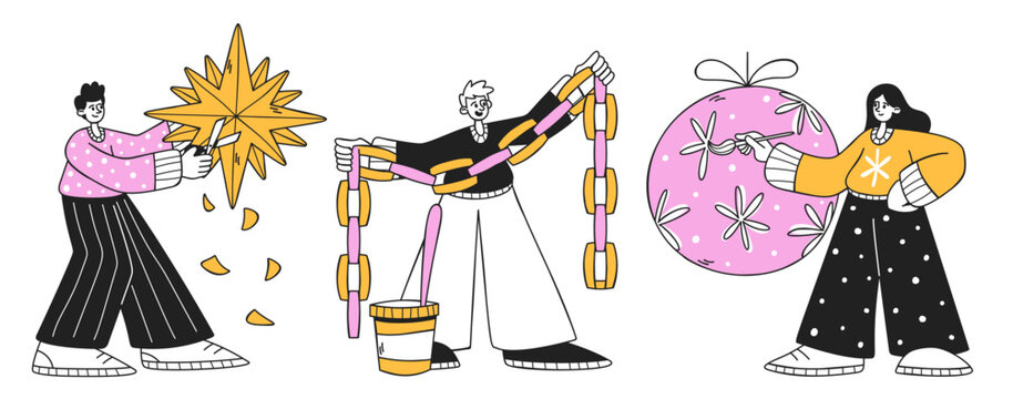 People Decorating Holiday Ornaments Cartoon