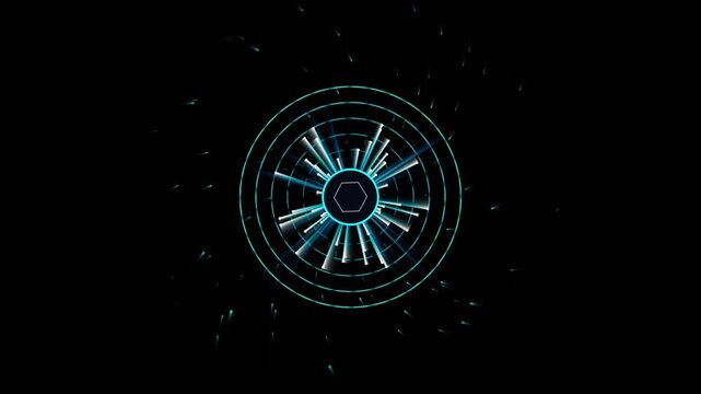 Abstract blue digital mandala patterns rotating with subtle particle effects on black background