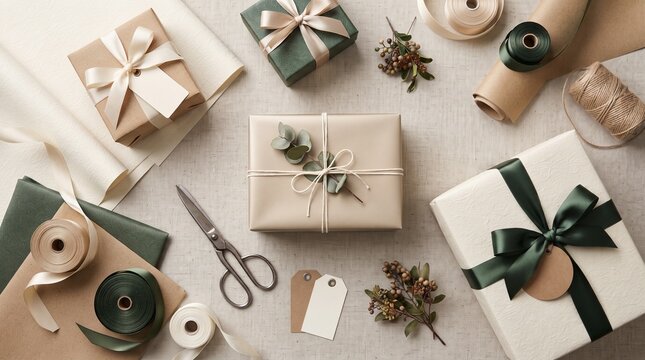 Thoughtful preparation for gifting: A flat lay showcases elegantly wrapped presents, crafting supplies like scissors and ribbons, and decorative sprigs.