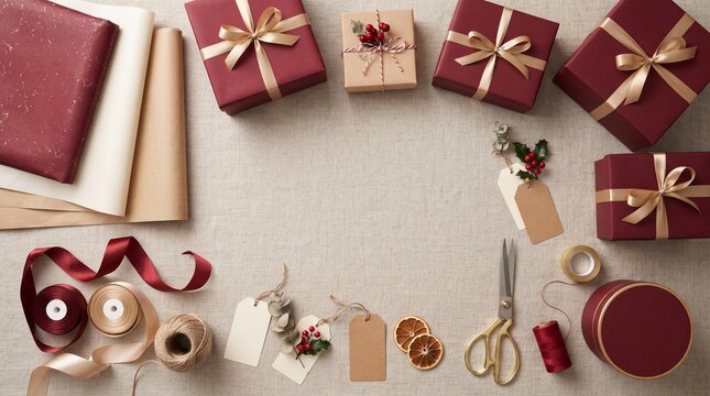 A festive collection of holiday gift-wrapping essentials, including richly colored boxes, ribbons, tags, and scissors, are artfully arranged on a textured surface.