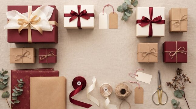 A beautiful flat lay composition of elegantly wrapped gift boxes, rolls of ribbon, scissors, and gift tags, arranged with a delicate touch, creating an inviting scene for any special occasion.