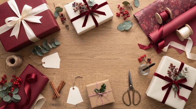 A flat lay composition of Christmas gift wrapping essentials, featuring elegantly wrapped presents, festive ribbons, and craft supplies, set against a warm wooden backdrop.