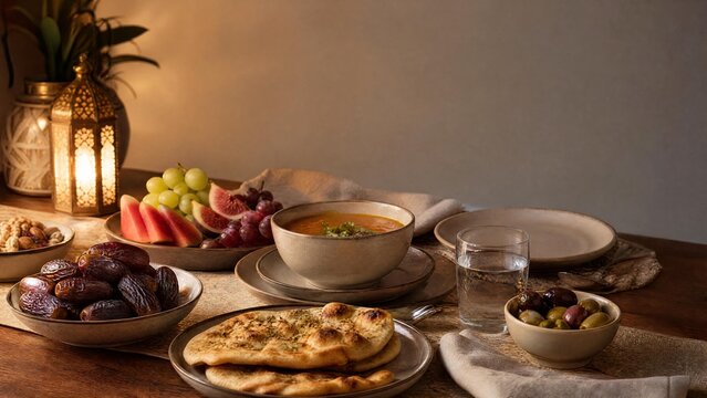 Traditional ramadan table setting with warm flatbread dates soup and glowing brass lantern.