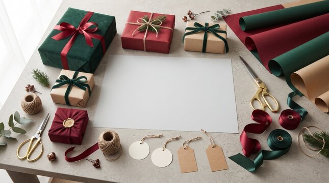 Christmas gift wrapping station with presents, ribbon, scissors, and tags on a rustic table, creating a festive and organized scene.