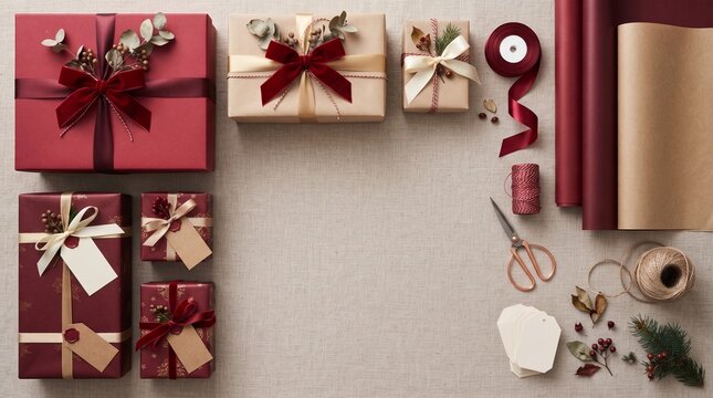 Beautifully wrapped gift boxes are artfully arranged with festive ribbons, bows, decorative sprigs, and rolls of wrapping paper, creating an elegant scene for holiday gifting.