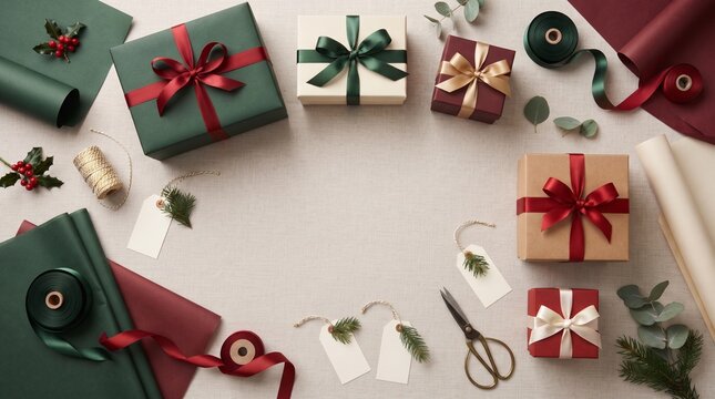 A flat lay arrangement of beautifully wrapped gifts, crafting supplies, and festive accents, creating an elegant and inviting scene of holiday preparation.