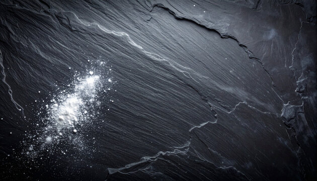 A fine dusting of white flour on a textured black slate background creates a minimalist culinary aesthetic, evoking freshness and artisanal quality. No people, perfect for food blog backdrops.