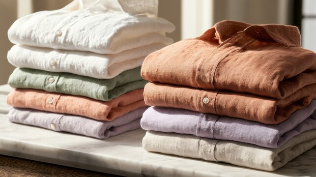 A stack of six folded linen shirts in summer colors is displayed on a marble surface. The shirts are neatly arranged in a variety of light shades.