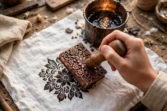 Hand pressing a copper batik cap stamp with floral pattern into hot wax on fabric