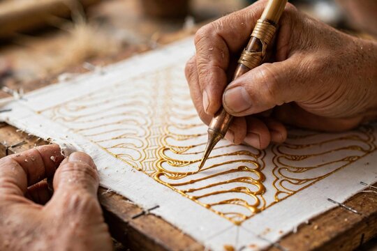 Artisan hand tracing hot wax with a canting pen on batik fabric, parang motif