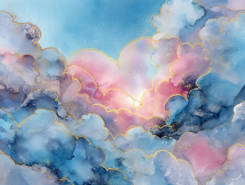 Digital art with glowing ribbons forming hearts, baby blue and blush pink watercolor clouds, pearl gold foil accents, celestial background, luminous logo lettering Soft lighting, yello - AI-Generated