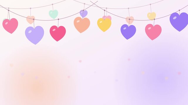 Colorful heart shaped garlands hanging swaying gently in motion across pastel gradient vector background video clip