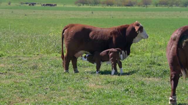 Braford bull and cow herd grazing on natural grassland, Argentine Pampas
