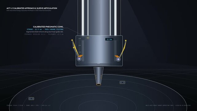 Educational animation: multi-axis laser printhead demonstrating coaxial additive metallurgical synthesis, cryogenic manifold activation, and structural transformation with technical annotations