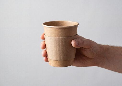 Mano sosteniendo vasos de papel kraft para envases sostenibles y ecol&oacute;gicos