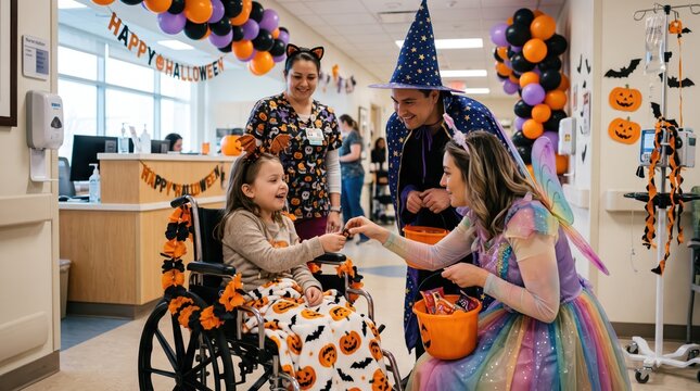 Girl in wheelchair receiving Halloween treats from costumed visitors during a compassionate hospital celebration