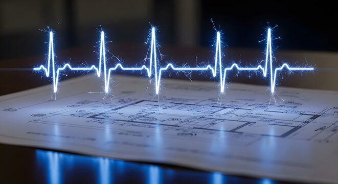 Digital heartbeat illuminating architectural blueprints, an abstract representation of vital data, cutting-edge technology, and the pulse of innovation in modern design and health tech