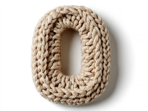 Flat light beige knitted O on white, stranded wool edges Rustic, braided textured necklace made from light yarn or rope with knots or intertwining, displayed against a neutral grey bac - AI-Generated