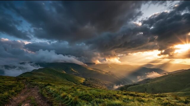 Dramatic mountain landscape with stormy clouds and sunbeams breaking through.