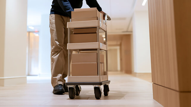 Delivery worker push cart with cardboard box package in office hallway, professional courier service staff move cargo parcel in corporate buld