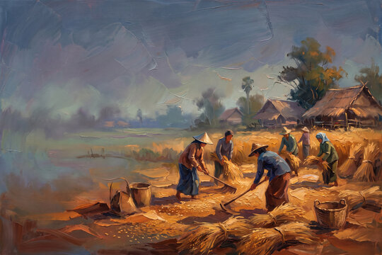 Threshing Rice &mdash; Traditional Farming in Thailand