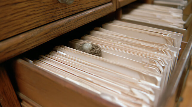Vintage wooden card catalog cabinet with open drawers full of old paper index cards and manila folder files in a library archive room