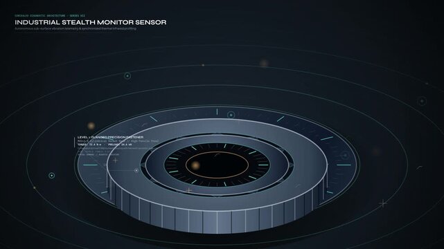 Educational animation: futuristic industrial stealth monitor sensor with technical annotations, showcasing internal components and multi-spectrum vibrometry capabilities for advanced machinery