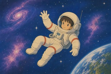 Fototapeta premium Child astronaut floating in colorful space illustration.