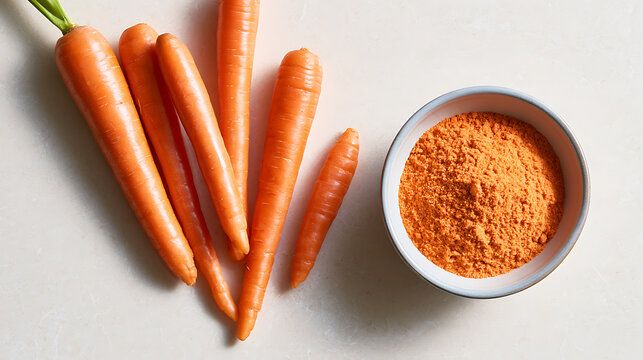 Fresh orange carrot Daucus carota roots next to a small bowl with ground vegetable powder on a light white surface in top down view