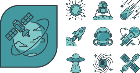 Satellite orbiting Earth icon set with lander, comet, astronaut, UFO and galaxy, vector icon set isolated on white © sugeng prayitno