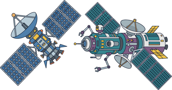 Satellite with multiple solar cells and a parabolic dish for transmitting signals, flat vector illustration isolated on white background