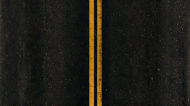 A high-angle look at an asphalt street delineated by yellow lines