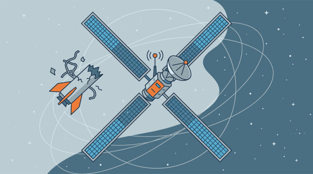 Telecommunication satellite with orbit lines and space debris, flat vector illustration