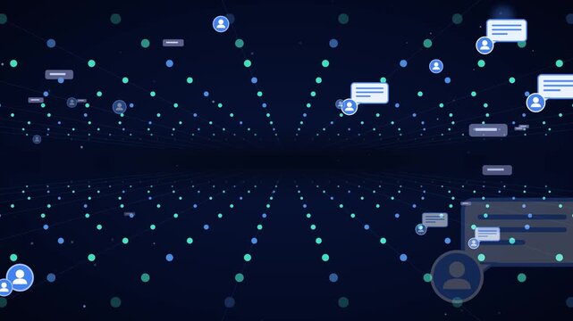 Digital network animation featuring glowing nodes and floating communication message bubbles inside cyber space video motion clip