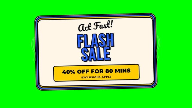 Retro Y2K flash sale card featuring Act Fast, 40 percent off for 80 minutes, layered colorful frame, and green screen.