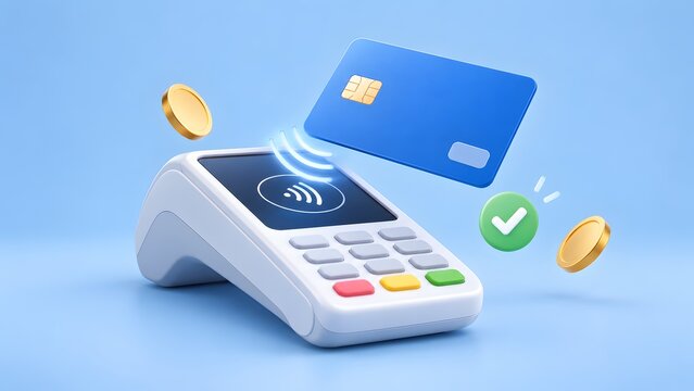 3D render of contactless payment with blue credit card over POS terminal and gold coins for secure digital transaction concept