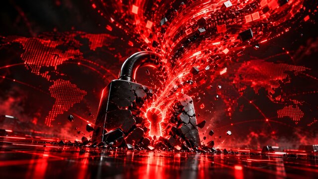 3D conceptual illustration of a shattered padlock emitting glowing red data streams representing a severe cybersecurity breach and global hack