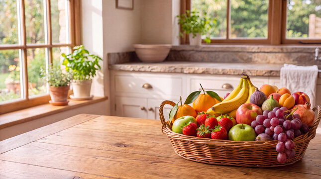 Fresh fruit basket with grapes, banana, orange, apple, strawberry sits on an elegant wooden table in a farmhouse kitchen with the sunlight flowing through a window nearby onto the fruit