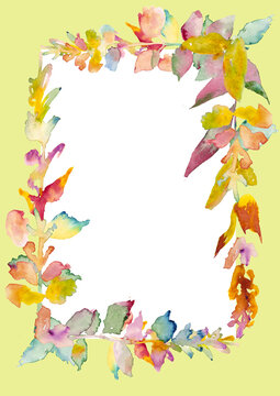 Rainbow watercolor botanical frame card on pastel yellow background. Rectangular foliage border with white copy space for modern wedding invitations, greeting cards, pride decor, and poster design
