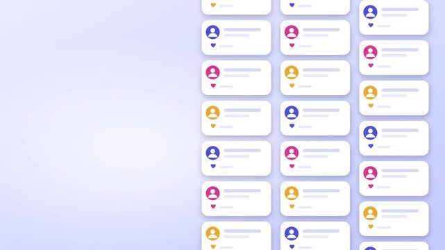Social media user profiles scrolling smoothly on clean white cards in endless vertical motion clip