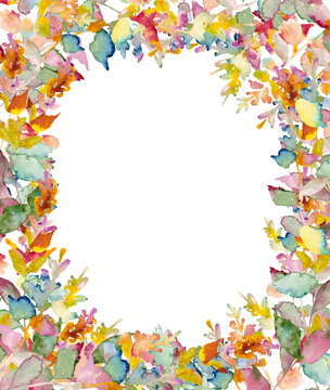 Rainbow watercolor plant frame border isolated on white background. Full rectangular botanical foliage frame card with copy space for modern wedding invitations, greeting cards, pride decor, poster