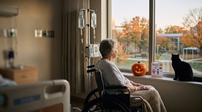 Hospital patient in wheelchair gazing through a window 