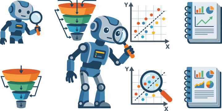 Robot with magnifying glass, funnel diagrams, scatter plots and reports, vector icon set isolated on white