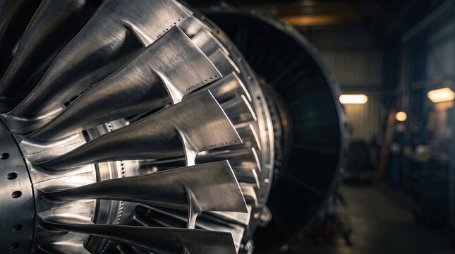 Polished jet engine turbine blades with cooling holes in workshop